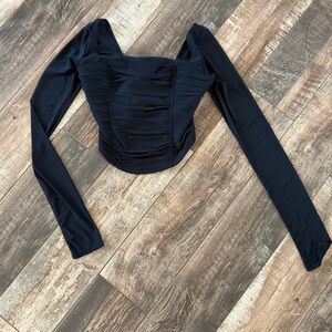 ABERCROMBIE & FITCH BLACK RUCHED SHEER LONG-SLEEVE CROP TOP SIZE S